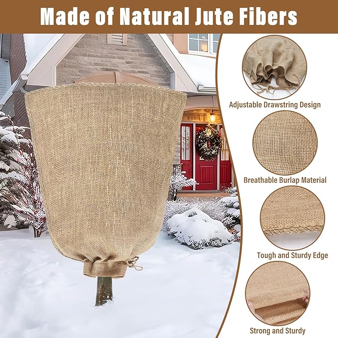 Riare 2 Packs 40 × 47 Inch Burlap Winter Plant Cover Bags with Drawstring- Reusable Large Burlap Sack Plant Frost Protector, Plant Frost Cloth Cold Tree Freeze Blanket for Outdoor Plants Shrubs Fruit