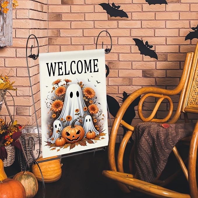 Welcome Halloween Ghost Garden Flag 12x18 Double Sided Outside Pumpkin Fall Holiday Yard Outdoor Decorative Flag