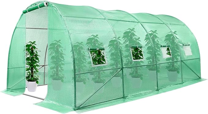 VIVOSUN 13x10x7 Ft. Large Walk in Greenhouse, Greenhouse Tunnel, Garden Plant Hot House with Green PE Cover, Roll-up Zipper Door and Window for Outdoor