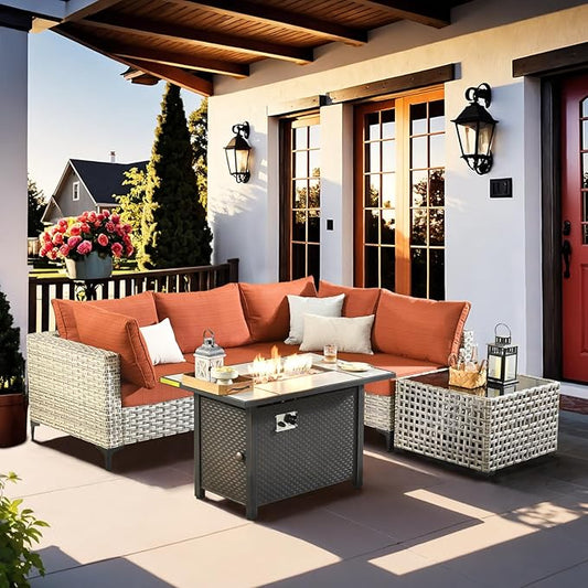Outdoor Sectional Patio Furniture Set with Fire Pit Table and Glowing Table,6 Pieces Wicker Conversation Sets L Shaped Couch Out Door Sofa Set Outside Furniture for Garden Deck Yard,Orange Red