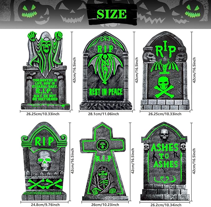6 Pack Light Up Halloween Tombstones Decoration, 16.5"x11" Spooky Graveyard Decor for Outdoor Yard Parties, Waterproof Plastic Grave Markers with 12 Stakes for Cemetery Lawn Displays