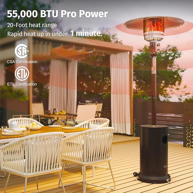 EAST OAK 55,000 BTU Propane Patio Heater with Round Table & Stainless Steel Burner, Outdoor Heater with Wheels, Ideal For Large Patios, Gardens, Outdoor Events, and Commercial Use, Bronze