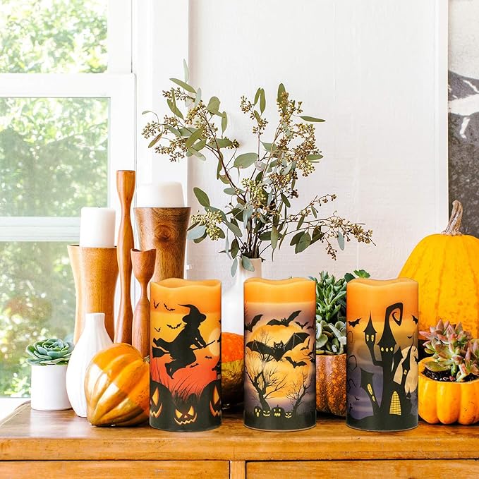 Eldnacele Halloween Flameless Flickering LED Candles with 6-Hour Timer, Battery Operated Wax Candles Assorted Decals Witch, Bats, Castle Set of 3 for Decoration