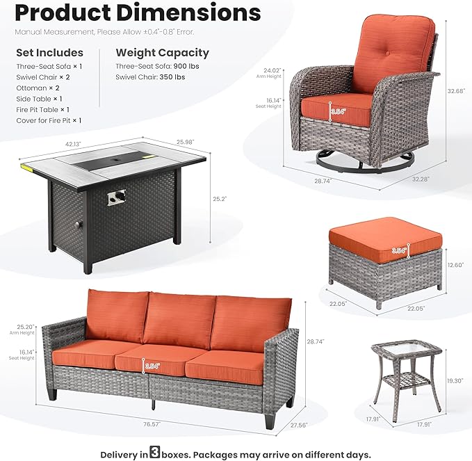 ovios 7 Pieces Patio Furniture Set, Outdoor Wicker Sofa Couch with Rocking Swivel Chairs Fire Pit Table, Modern Deep Seat Rattan Conversation Sets for Porch Deck, Grey