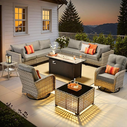 Outdoor Sectional Patio Furniture Set with Fire Pit Table and Swivel Rocking Chairs,11 Pieces Wicker Conversation Sets L Shaped Couch Out Door Sofa Outside Furniture for Garden Deck Yard,Dark Grey
