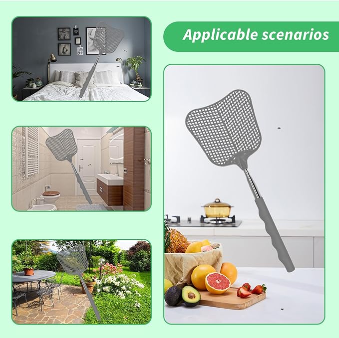MYSTICHOME Fly Swatter 1 Pack, Durable Heavy Duty Plastic Fly Swatters, Stainless Steel Telescopic FlySwatter for Indoors/Outdoor/Kitchen/Garden (Grey)