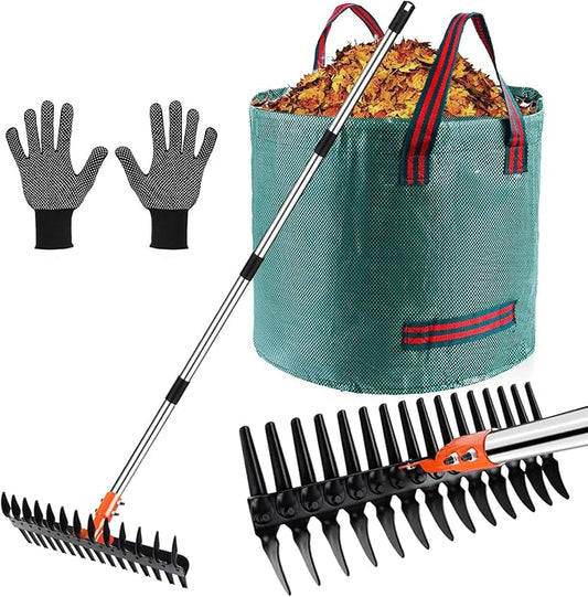 Thatch Rake - 15" Dethatcher Rake for Lawns with Upgraded Dual-Action Tines, Efficient Garden Rake with 57" Adjustable Handle, Heavy Duty Steel Metal Rakes with Reusable Yard Waste Bag & Gloves