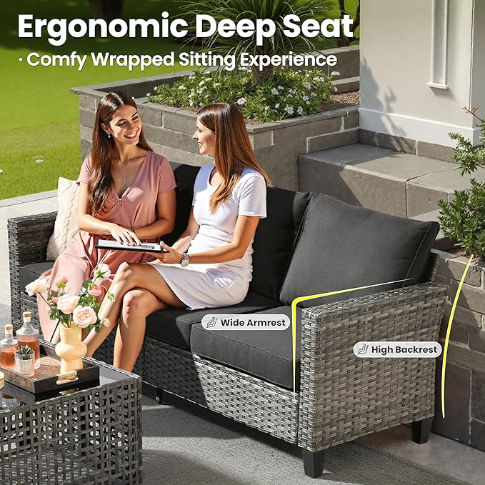 ovios 4 Pieces Patio Furniture Set Outdoor Sofa Couch with Solar Lights Table Comfy Cushions, Modern Deep Seat Wicker Rattan Conversation Set for Porch Deck, Black