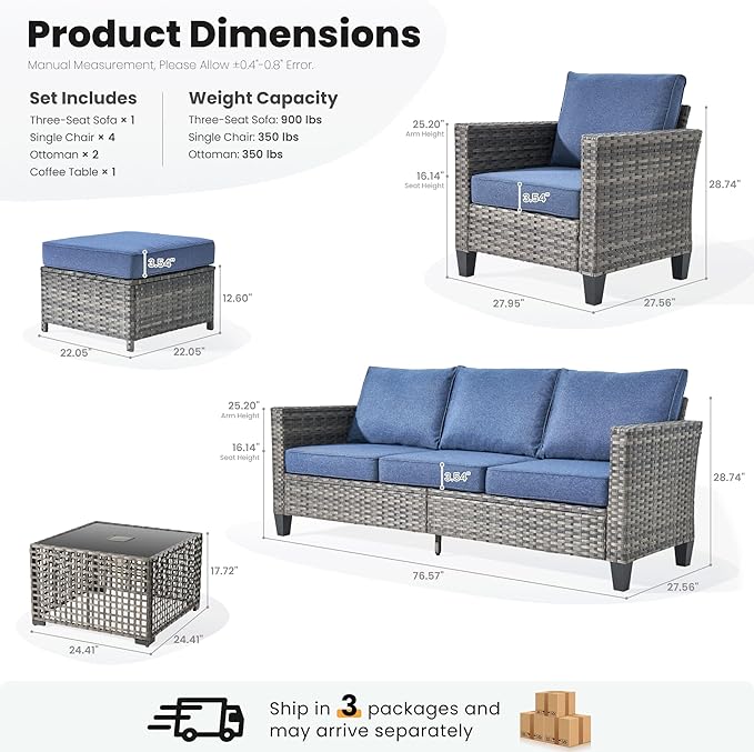 ovios 8 Pieces Patio Furniture Set Outdoor Sofa Couch with Solar Lights Table Comfy Cushions, Modern Deep Seat Wicker Rattan Conversation Set for Porch Deck, Denim Blue