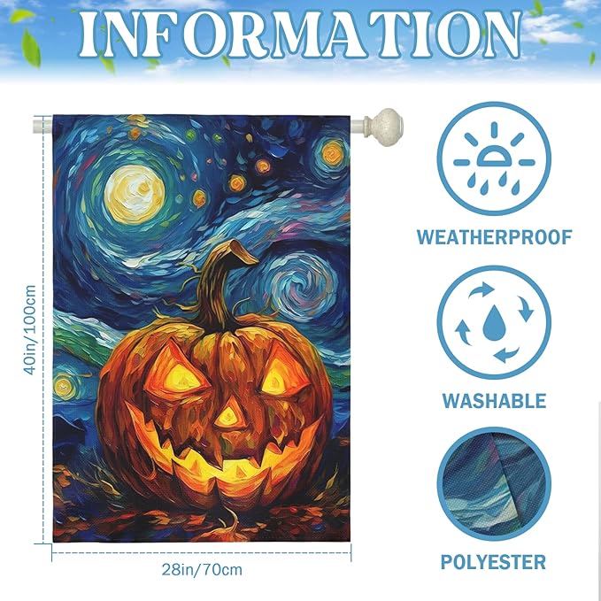 Halloween Garden Flag Pumpkin House Banner Van Gogh Garden Flags Arts Starry Night Sky Moon Yard Flags Double Sided Fall Porch Patio Farmhouse Outdoor Yard Window Decorative 28 x 40 Inch