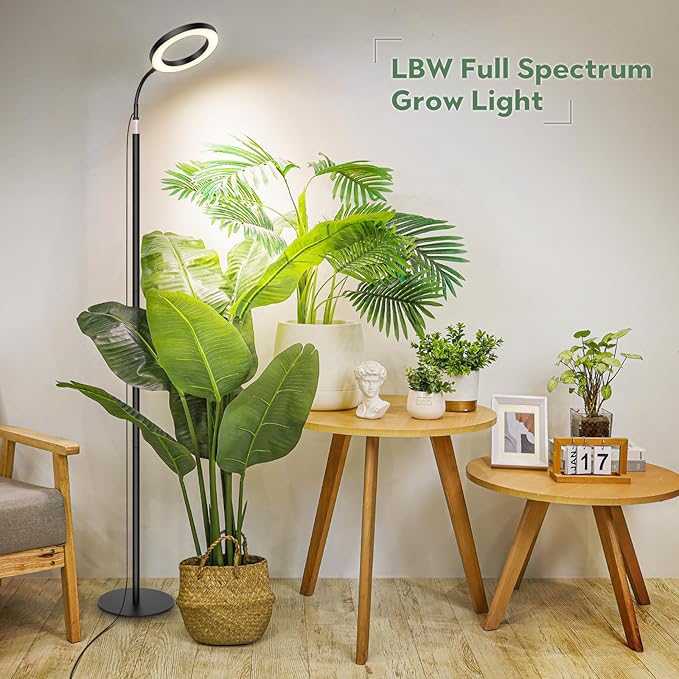 LBW Grow Lights for Indoor Plants Full Spectrum with Stand, Floor Plant Growing Lamp for Large Plants, Auto ON/Off Timer 4/8/12H, 4 Dimmable Levels, 47.2-63 inches Adjustable Height