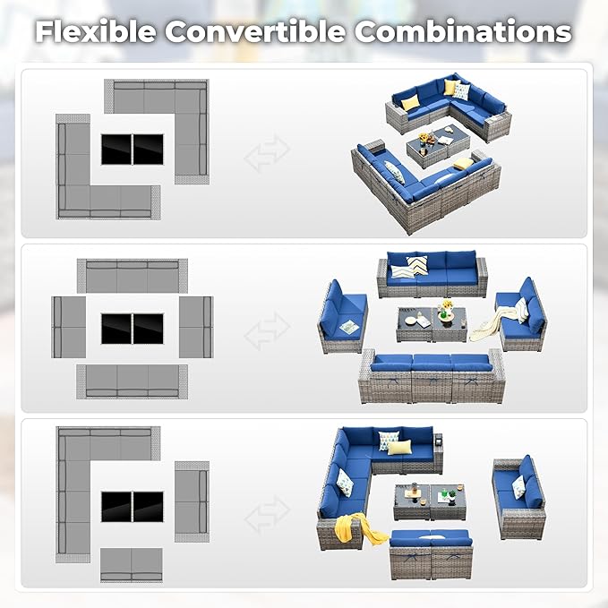 ovios 12 Pieces Patio Furniture Set, Outdoor Wicker Sectional Sofa with Glass Table Comfy Cushions, Modern Modular Deep Seat Couch Rattan Conversation Set, Navy Blue