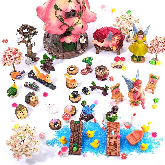 93 Pcs Fairy Garden House Resin Accessories Fairy Elves Kit Miniature Fairy Figurines Ornaments Animals Decor Outdoor for DIY Dollhouse