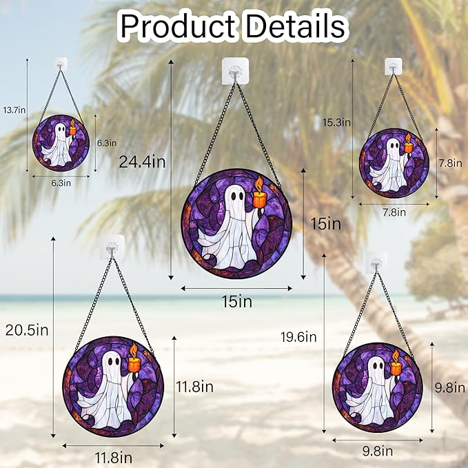 Stained Glass Window Hanging - Halloween Decorations Ghost Suncatcher for Doors Garden Indoor Spooky Funny Purple Sun Catchers Gothic Decor Horror Gifts for Women Men Friend 7.8 in