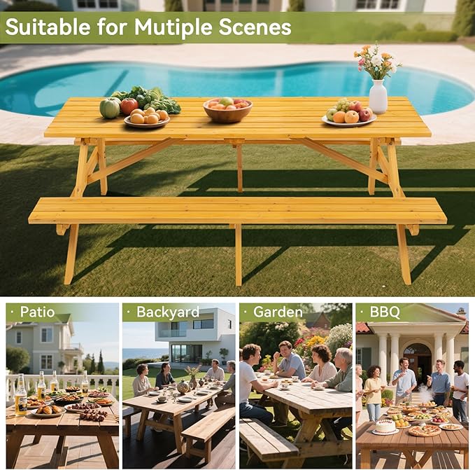 8-Person Wooden Picnic Table with 2 Built-In Benches, 75"L x 50"W Outdoor Dining Table, 2220lb Capacity Includes Umbrella Hole & Weather-Resistant Finish, Perfect for Backyard, Camping, Yellow