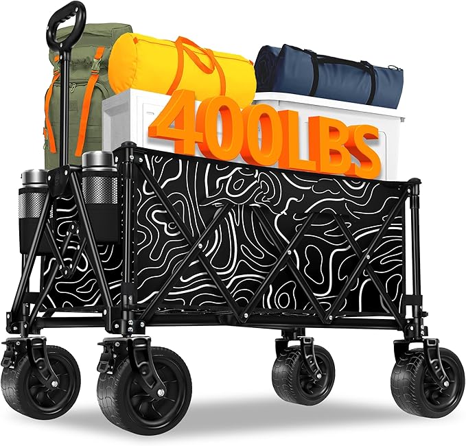 Collapsible Wagon with Big Wheels, Wagons Carts Foldable 400LBS Large Capacity, Heavy Duty Utility Cart Grocery Wagon w/Side Pockets and Brakes, All-Terrain Beach Cart for Camping, Sports, Shopping