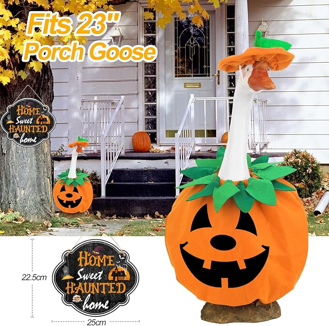 5 Pcs Halloween Porch Goose Outfits Pumpkin with Accessories Yard Garden Lawn Goose Clothes for Plastic Cement Goose Statue 23"Fall Pumpkin Porch Goose Costume set for Patio Outdoor Decoration