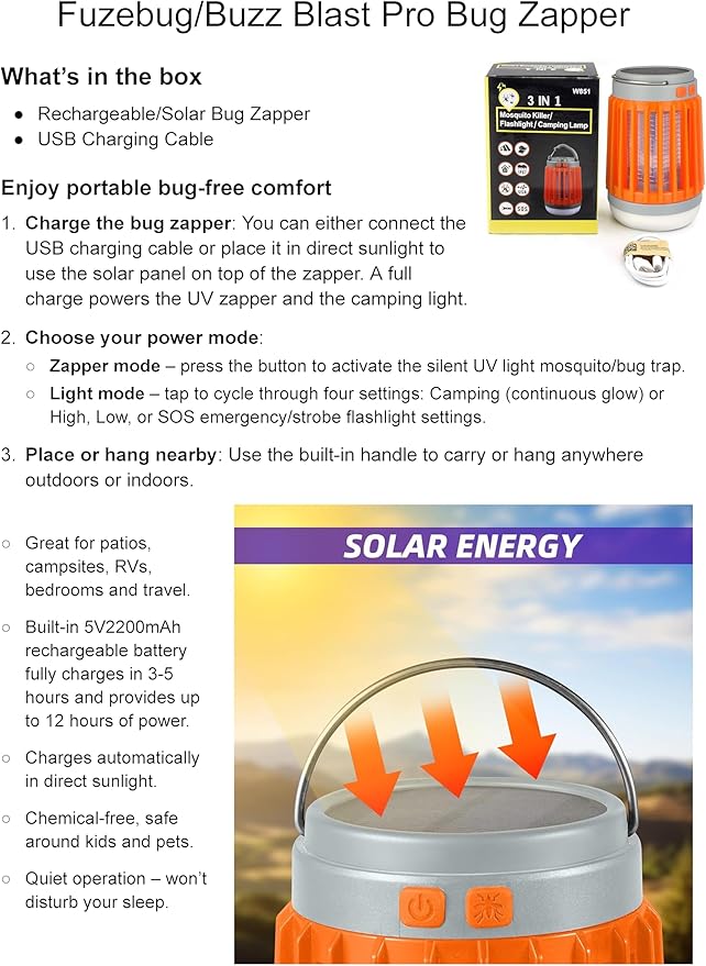Fuzebug Buzz Blast Pro Mosquito Killer Solar Bug Zapper Outdoor Waterproof and Indoor Buzz Blast Pro Bug Zapper Buzzbug Light Flashlight Camping Buzzblast Mosquito Killer LED Light (Orange)