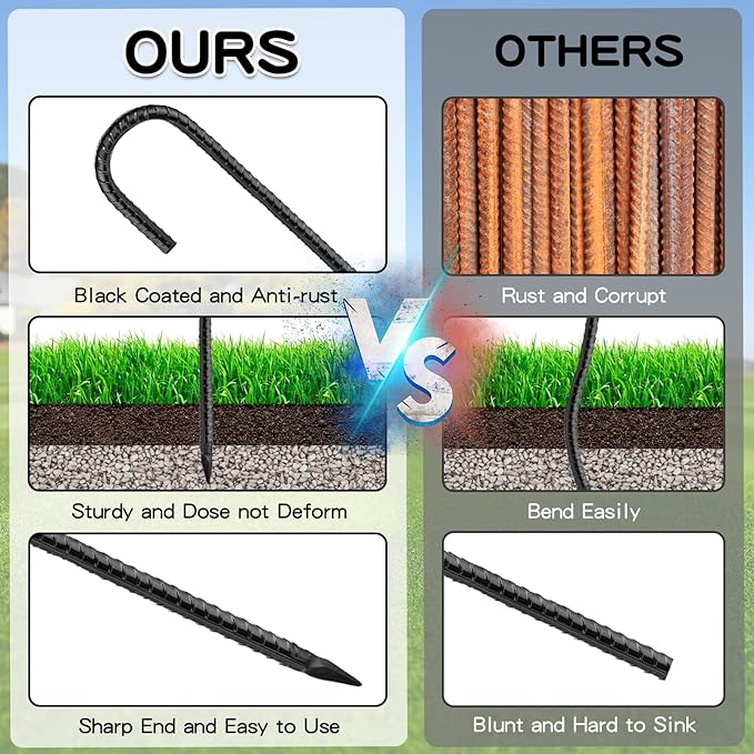 Black Rebar Stakes 12inx6mm Galvanized J Hook 6pcs – Heavy Duty Ground Tent Stakes for Fence,Bounce House,Outdoor Plants,Artificial Turf,Dog Coop,Metal Stakes for Christmas Decorations