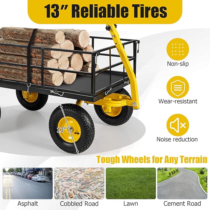 Utility Garden Cart, 1200 lbs Capacity Heavy Duty Wagon Cart with Rotating Handle, Removable Sides & 13" Wheels, Metal Utility Cart for Outdoor Hauling & Gardening