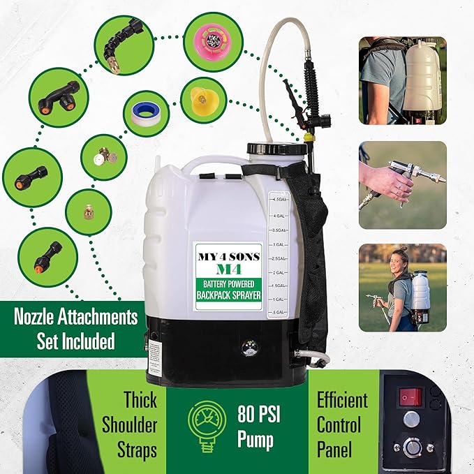Backpack Sprayer - MY4SONS M4 4-Gallon Battery Powered - Cordless Electric Pump, Adjustable Wand, Waterproof Tank, Powerful 80 PSI Pump, Ideal for Garden, Lawn, Field, Fertilizers & Concrete Sealing