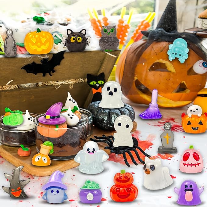 38 Pcs Halloween Luminous Mini Resin Figures Glow in The Dark Tiny Little Pumpkin Ghost Skull Miniature Figurines Bulk for Halloween Party Micro Landscape Fairy Garden Decor