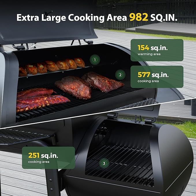 Brand-Man Charcoal Grill Offset Smoker, Heavy-Duty Barrel BBQ Grill Smoker Combo with Side Fire Box for Outdoor Patio and Backyard Cooking