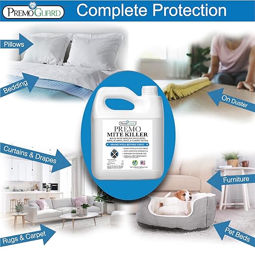 Premo Guard Mite Treatment Spray – 128 oz – Kills Dust, Human, Scabies, Spider, Carpet, Bird, Mouse & Rat Mites in Home, on Furniture, Bedding – Natural Non-Toxic 100% Effective – Child & Pet Safe