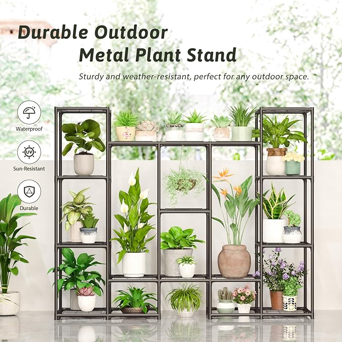 Large Plant Stand Indoor Outdoor Metal Plant Shelf Waterproof Plant Rack for Multiple Plants Wide Flower Stand for Patio Balcony Garden Black