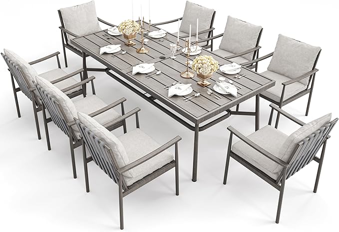 HAPPATIO 9-Piece Patio Table and Chairs Set for 8, Aluminum Outdoor Dining Set with Cushions, 8 Dining Chairs, 1 Large Rectangular Table with Umbrella Hole for Lawn, Porch, Backyard, Grey