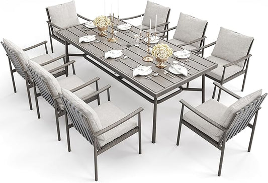 HAPPATIO 9-Piece Patio Table and Chairs Set for 8, Aluminum Outdoor Dining Set with Cushions, 8 Dining Chairs, 1 Large Rectangular Table with Umbrella Hole for Lawn, Porch, Backyard, Grey