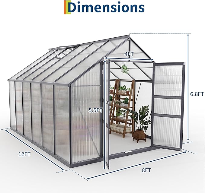 Greenhouses for Outdoors, Polycarbonate Greenhouse with Quick Setup Structure & Roof Vent, Heavy Duty Frame Walk-in Green Houses for Outside Garden Backyard