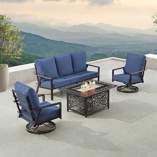 Oakland Living Black Aluminum Patio Fire Table Set with Deep Seating Sofa with Cushion and Two Club Chairs with Blue Cushions