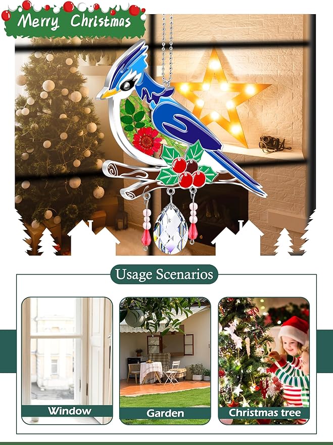 KY&BOSAM Crystal Blue Bird Suncatcher Handmade Bird Sun Catcher for Windows with Real Dried and Pressed Flowers Heart Charm Engraved with Crystal Gifts for Mom Mother`s Day Birthday