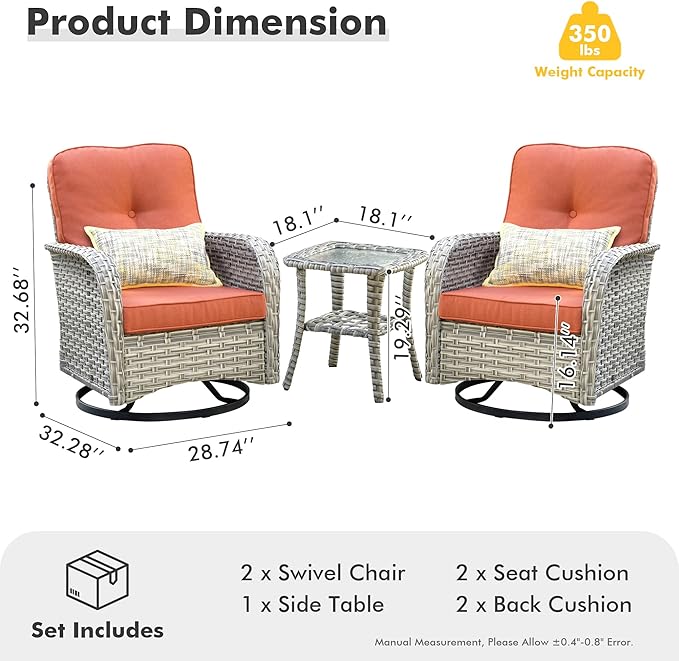 HOOOWOOO Outdoor Patio Bistro Set,3 Pieces Wicker Out Door Swivel Rocking Chair with Matching Side Table,Patio Furniture Sets,Orange Red