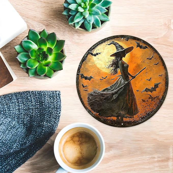 PEACHGARDEN Round 2D Halloween Witch Vintage Sign Halloween Witch Broom Metal Tin Sign for Home Bar Kitchen Hotel Dining Room Coffee 8x8inch