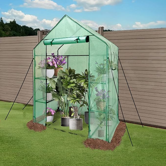 Walk in Greenhouse with Shelves,Walk-in Plant Plastic Green House with Windows Green PE Cover, 3 Tiers 6 Shelves Greenhouse Frame Stands with Ground Pegs & Ropes,56" L x 29" W x 77" H