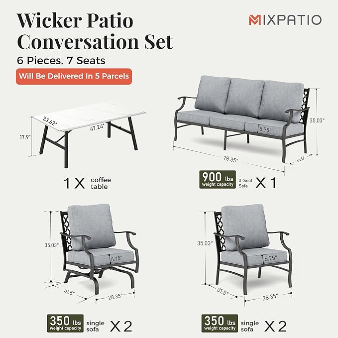 Patio Furniture Set 6 pcs, Outdoor Patio Furniture, 1 X 3-Seat Sofa, 2 X Single Chairs, 2 X Rocker Chairs, 1 X Coffee Table and 5.75" Extra Thick Cushion, Patio Conversation Set,Grey