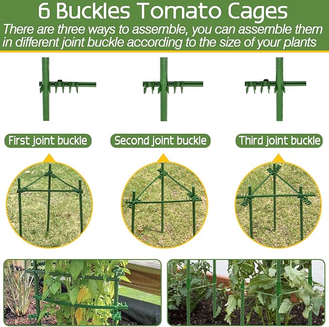 Halatool 8 Pack Tomato Cages for Garden, Up to 48in(4FT) Adjustable Tomato Cage,Garden Stakes Tomato Trellis for Pots, Green Tomato Plant Support with Snap-On Arms for Vegetables Plants(6 Buckles)
