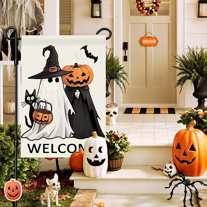 Welcome Halloween Garden Flag 12x18 Double Sided Outside Ghost Jack-o'-Lantern Bat Outdoor Decorative Burlap Yard Flag