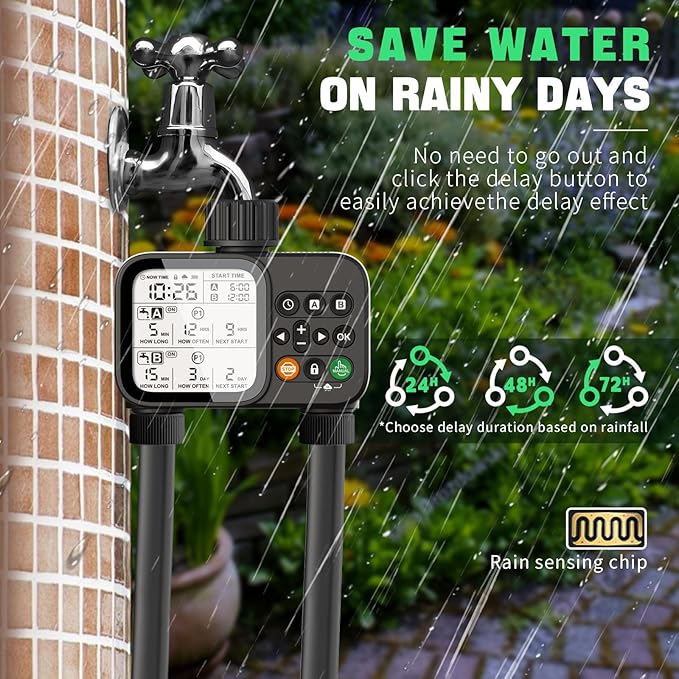 2 Zone Sprinkler Timer for Garden Hose, 8 Programmable Hose Water Timer with Auto Rain Delay, 3.3“ Large LCD Display Digital Irrigation System for Plant, Yard, Lawns, Outdoor