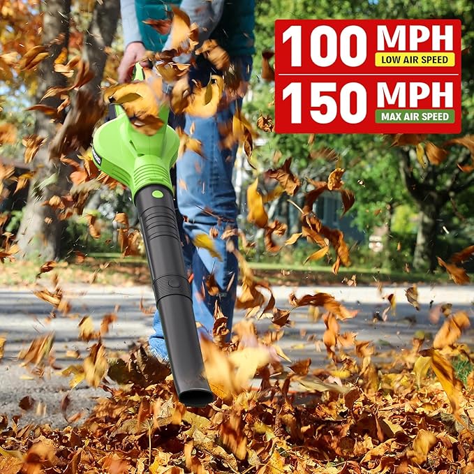Leaf Blower Cordless, 20V Electric Cordless Leaf Blower with 8000mAh Battery and Charger, 2 Speed Modes, 150MPH Lightweight Battery Powered Leaf Blowers for Lawn Care, Patio, Blowing Leaves and Snow
