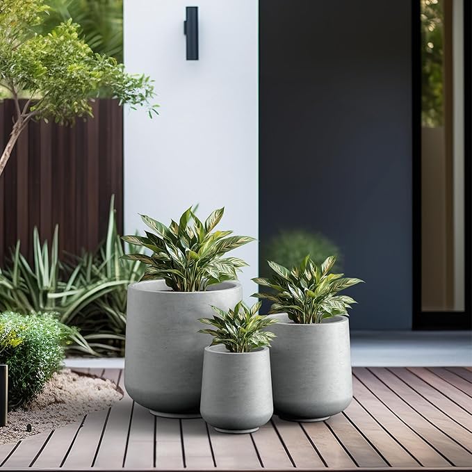 Kante 15.3"+11.6"+8.2" Dia Round Concrete Planter, Large Outdoor Indoor Planter Pots Containers with Drainage Holes and Rubber Plug for Home Garden Patio, Gray Concrete