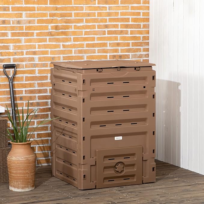 Compost Bin Outdoor 120 Gallon (450L) Garden Composter, BPA Free, with 80 Vents and 2 Sliding Doors, Lightweight Outdoor Compost Box for Garden, Kitchen, and Yard Waste, Brown