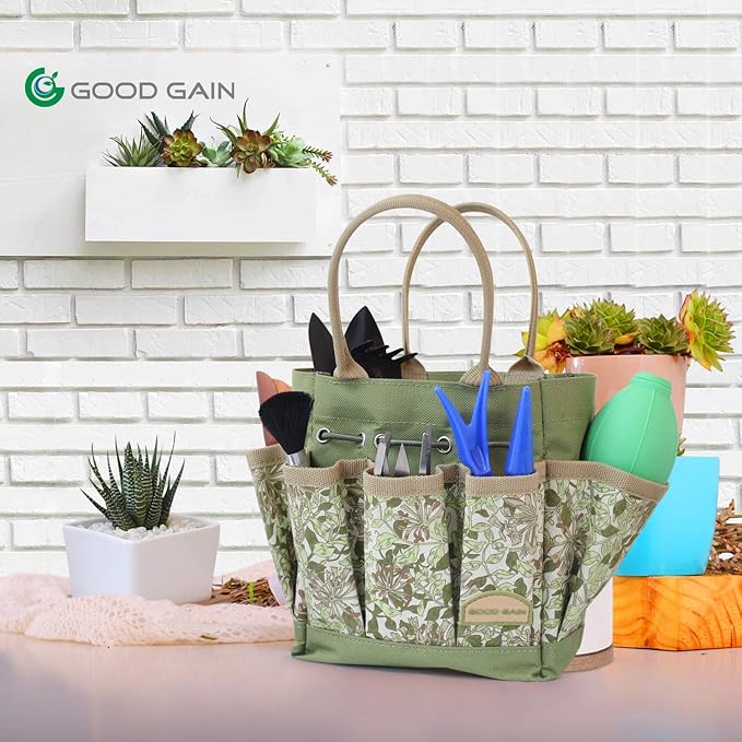 G GOOD GAIN Garden Succulent Kit with Organizer Bag, 14 Pieces Succulent Tools, Indoor Mini Hand Gardening Tools Set with Carrier for Bonsai Planter Miniature Fairy Planting Care(Honeysuckle)