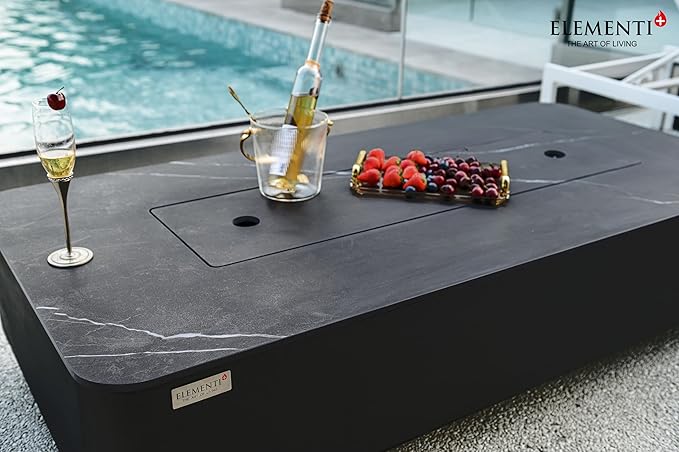 Elementi+ | Valencia Gas Fire Pit | Cast Concrete Body & Marble Porcelain Top | 62" Rectangular Fire Table | Electronic Ignition | Canvas Cover, Fire Glass & Burner Lid Included | Black | Propane Gas