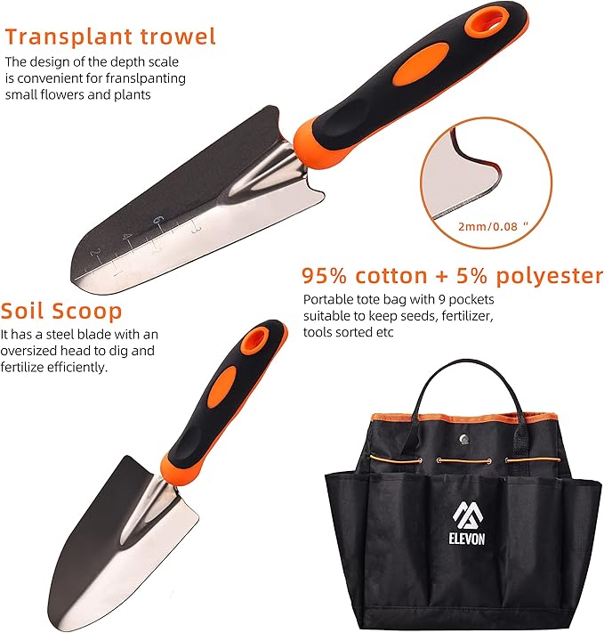 Gardening Tool Set, Stainless Steel Heavy Duty Gardening Kit with Ergonomic Handles, Durable Gardening Bag, Ideal Gardening Tool Set - Suitable for Men and Women (Orange, 7Piece)