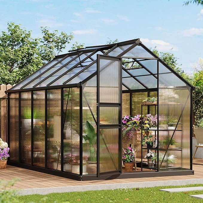 6x10FT Polycarbonate Greenhouse - Walk-in Outdoor Aluminum Frame Greenhouse with Roof Vent, Lockable Push Door for Garden, Backyard, Patio & Lawn(Black)