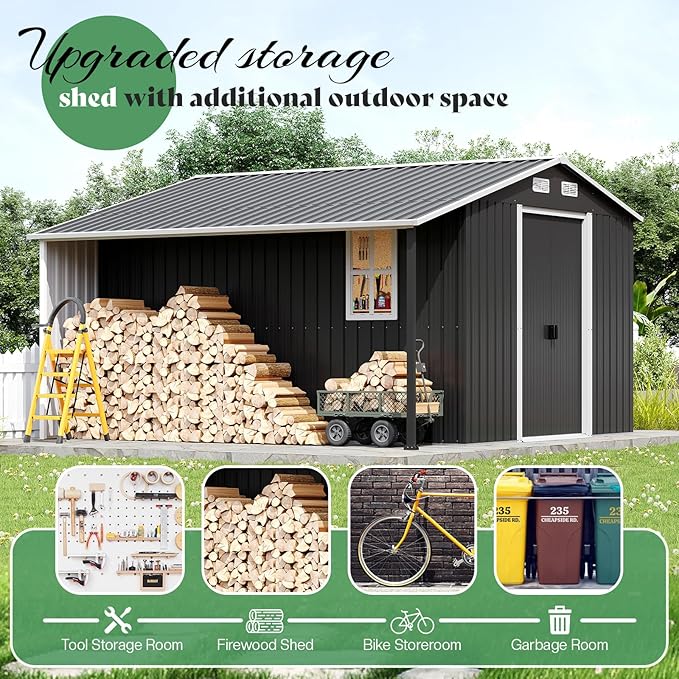 Jocisland Outdoor Storage Shed 10.6x10.3x6.3 FT, Sliding Door Shed with Two 4-Pane Windows for Wood Storage, Dark Grey/White