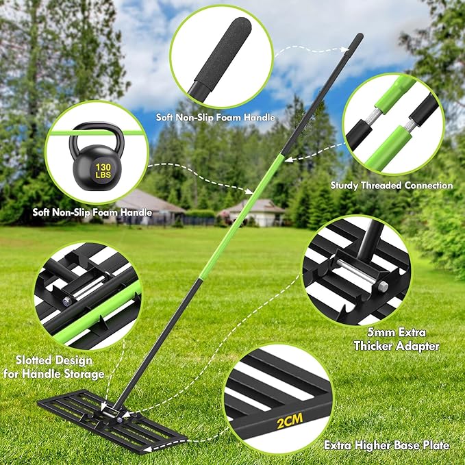Seeutek Lawn Leveling Rake, 35” x 10” Lawn Leveler with 6.5FT Durable Handle Rakes for Lawns, 0-180° Adjustable Ground Leveler Tool for Yard, Level Soil Sand Dirt Surfaces